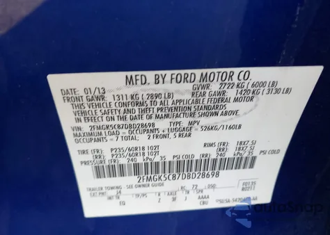 2013 Ford Flex Sel from USA, damaged, VIN 2FMGK5C87DBD28698